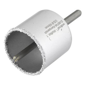 Carota diamantata cu acoperire tungsten Wolfcraft 3896000, diametru D 68 mm, adancime de taiere 55 mm, cu ax hexagonal si burghiu de centrare HM, D 8 mm